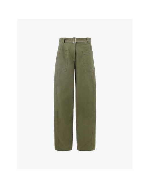 Whistles Green Belted Barrel-Leg High-Rise Cotton Trousers