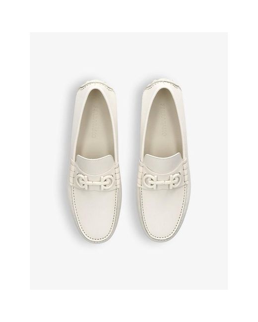 Ferragamo White Grazioso Gancini-embellished Leather Driving Shoes for men