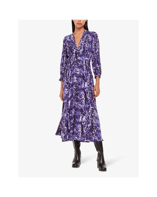 Whistles Purple Glossy Leopard-print Long-sleeve Woven Midi Dress