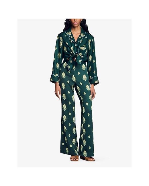 Sandro Green Floaty Paisley-Print Woven Trousers
