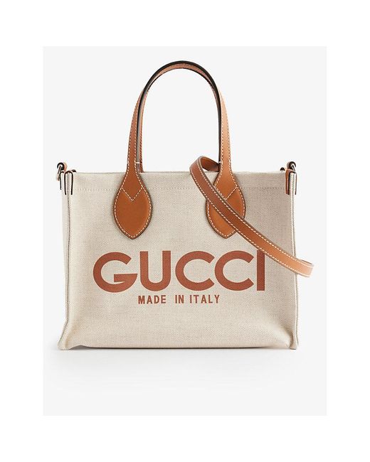 Gucci Natural Logo-print Leather-trim Canvas Tote