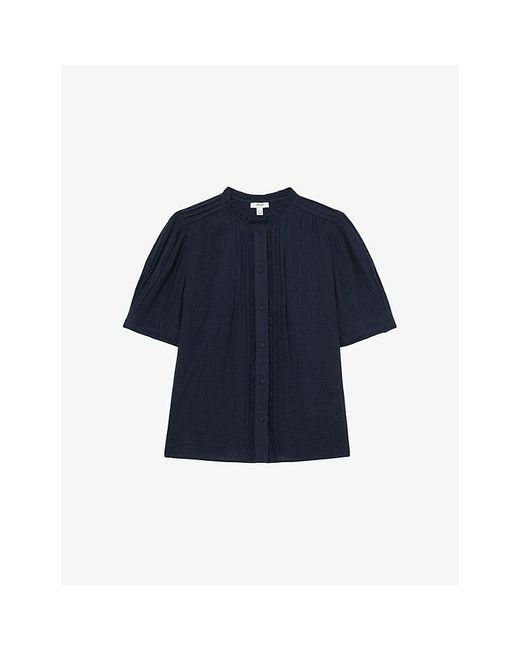Reiss Blue Aurelia Frill-Neck Cotton-Muslin Top