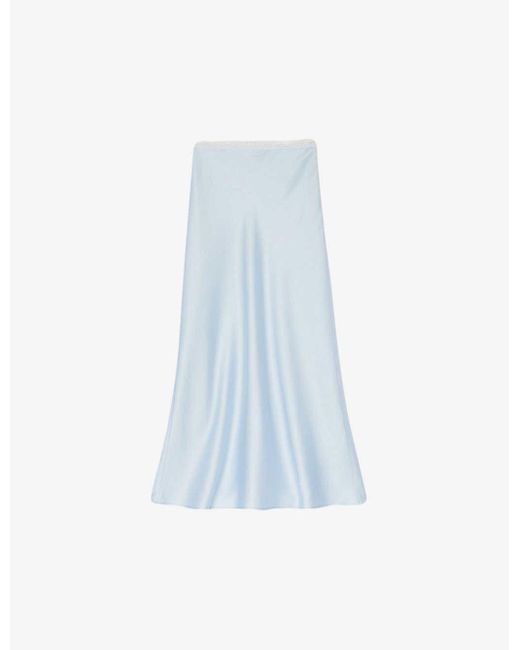 Sandro White Logo Lace-waistband Floaty-hem Satin Midi Skirt