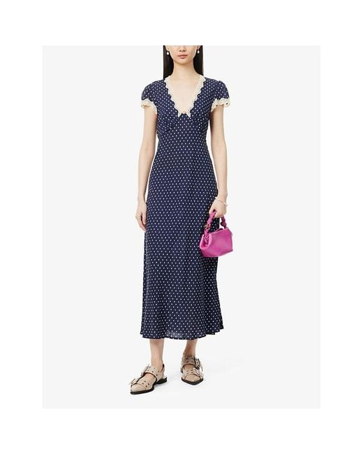 Rixo Blue Clarice Lace-trim Silk Maxi Dress