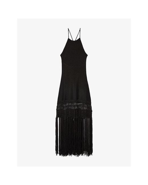 The Kooples Black Sleeveless Fringed-Hem Stretch-Woven Maxi Dress