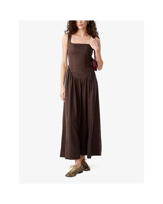 OMNES Brown Suri Square-Neck Linen-Blend Maxi Dress