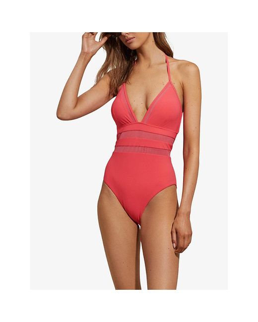 Reiss Red Hope Mesh-insert Tie-neck Stretch-cotton Swimsuit
