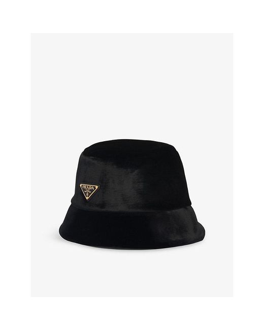 Prada Black Triangle-Logo Velvet Bucket Hat for men