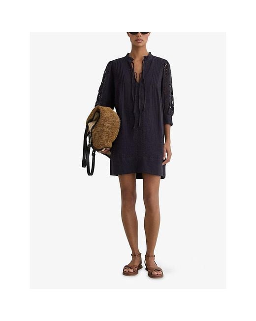 Reiss Blue Gia Cheesecloth Tie-Neck Cotton Mini Dress