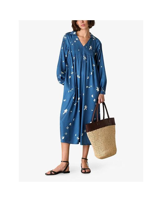 Whistles Blue Floral-Print Relaxed-Fit Woven Midi Dress