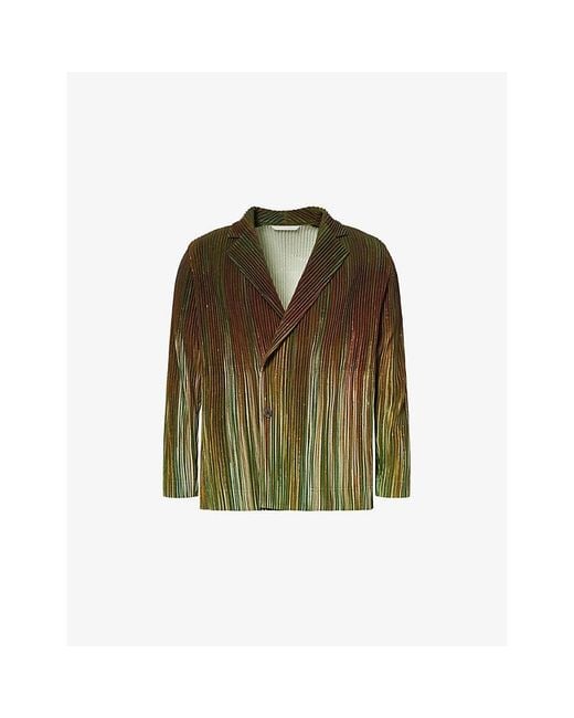 Homme Plissé Issey Miyake Green Paint Brush Closeup Pleated Knitted Jacket for men