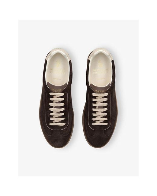 Brunello Cucinelli Brown Foiled-Logo Suede Low-Top Trainers for men