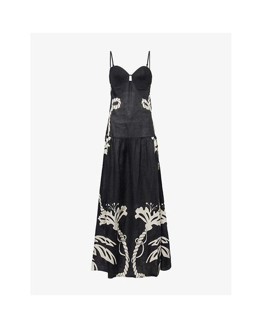 Johanna Ortiz Black Enlightened Sailor Shoulder-Straps Linen Maxi Dress