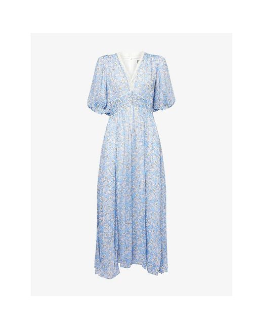 ME+EM Blue Evening Primrose Graphic-Print Puff-Sleeve Woven Maxi Dress