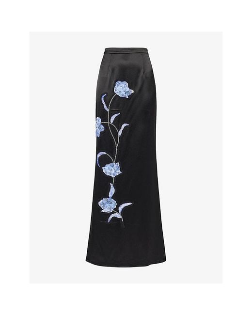 Huishan Zhang Black Lucille Floral-Embroidered Satin Maxi Skirt