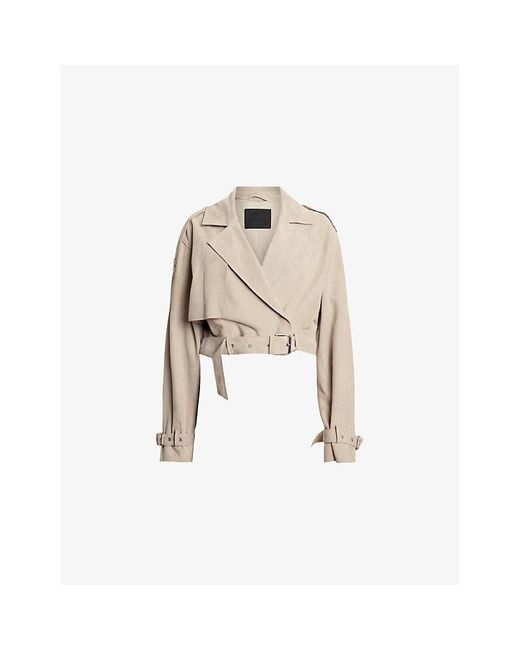 AllSaints Natural Ophelia Dropped-Shoulder Belted-Waist Suede Jacket