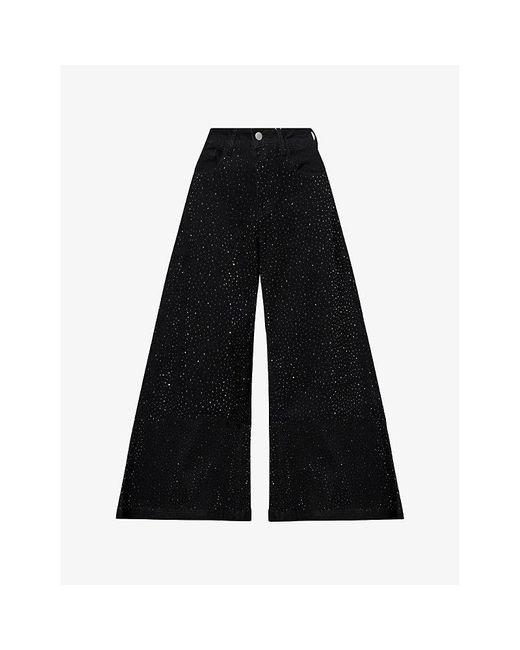 Amy Lynn Black Demi Diamante Wide-Leg Stretch-Denim Blend Jeans