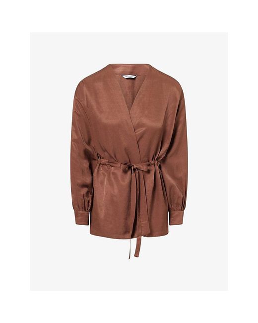Kayanee Brown City Wrap-Front Linen-Blend Top