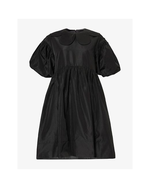 Simone Rocha Black Collared Puff-Sleeve Satin Midi Dress