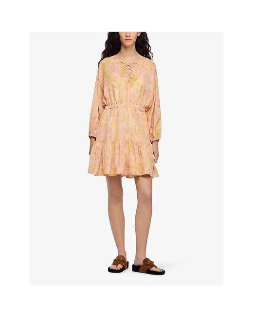 Sandro Natural Floral-Print Lace-Up Woven Mini Dress