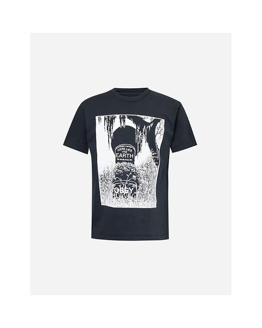 Obey Black Here Lies Earth Graphic-print Cotton-jersey T-shirt for men
