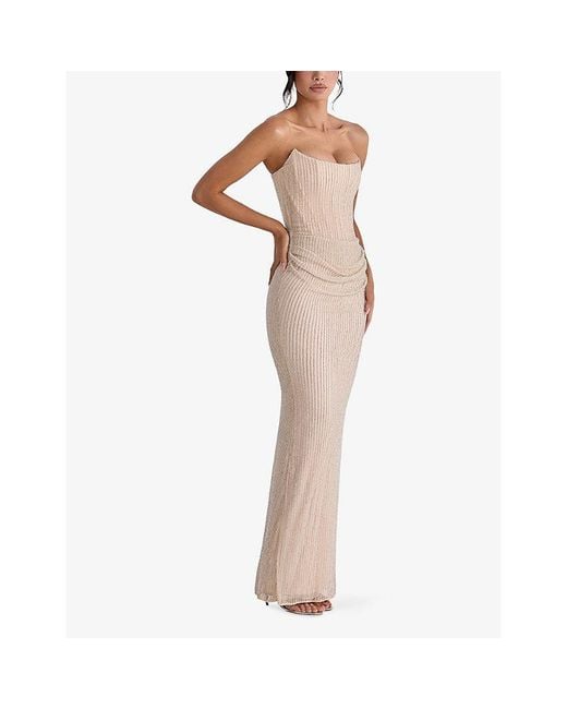 House Of Cb Natural Arielle Bead-Embellished Mesh Bridal Gown
