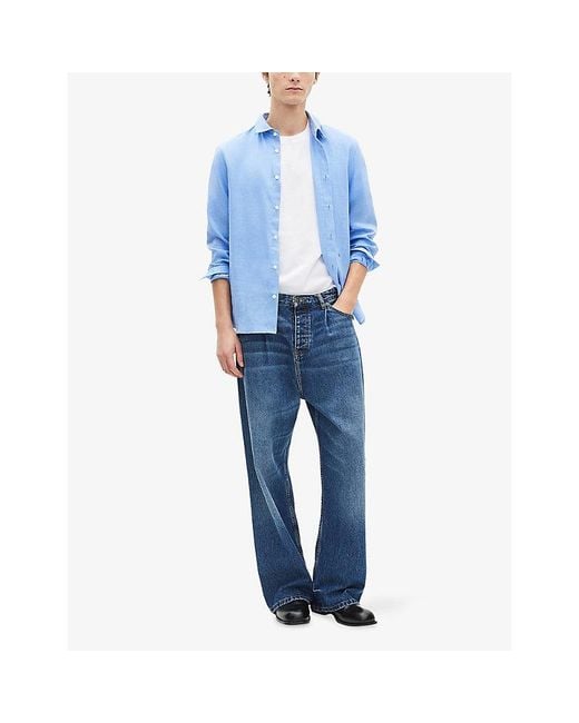 The Kooples Blue Logo-Embroidered Slim-Fit Linen Shirt for men