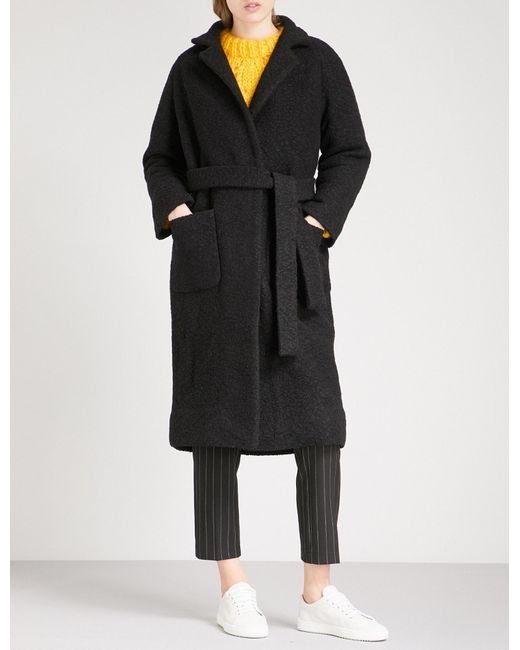 Ganni Fenn Bouclé Wool-blend Wrap Coat in Black | Lyst
