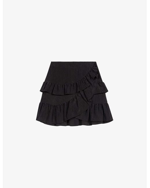 Maje Black Ruffle-trim Asymmetric Woven Mini Skirt