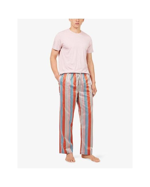 Derek Rose Red Wellington Stripe Cotton Satin Lounge Trousers for men