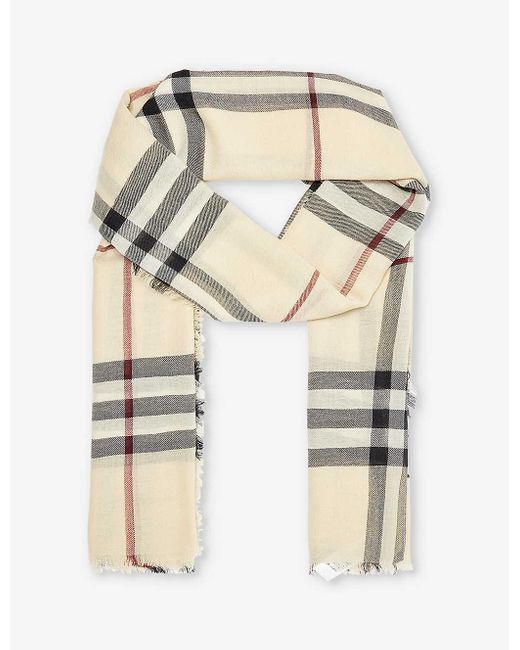 Burberry Natural Checked Frayed-trim Wool Scarf