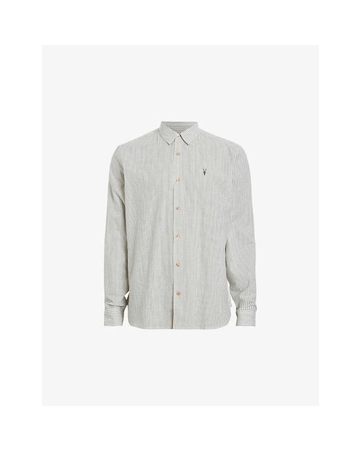 AllSaints Gray Villard Logo-embroidered Striped Organic-cotton Shirt for men