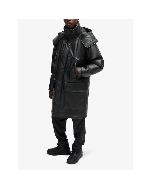 HUGO Black Embossed-Logo Longline Faux Leather-Down Jacket for men
