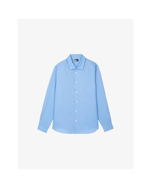 The Kooples Blue Logo-Embroidered Slim-Fit Linen Shirt for men