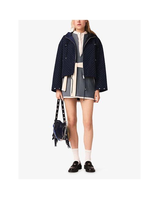 Maje Blue Rhinestones-Embellished Hooded Windbreaker Woven Jacket