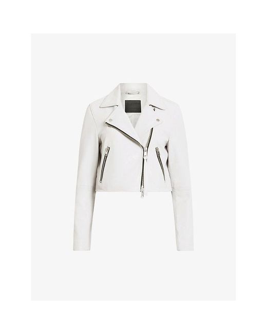 AllSaints White Dalby Zip-up Cropped Leather Jacket