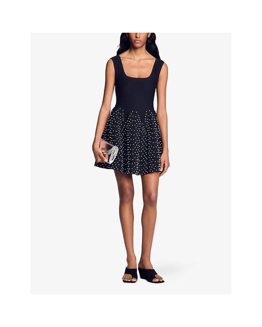 Sandro Black Beaded Contrast-Skirt Knitted Mini Dress