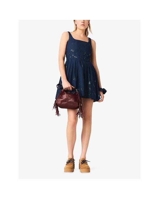 Maje Blue Flared Sequin-Embroidered Denim Dress