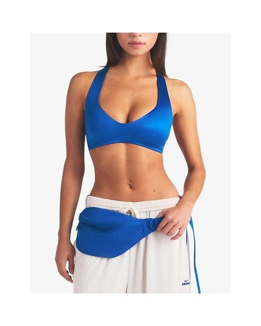 NikeSKIMS Blue Satin Shine Plunge Sports Bra