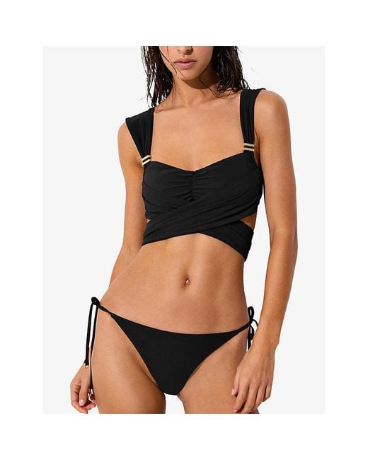 Reiss Black Riah Side-Tie Stretch-Woven Bikini Bottoms