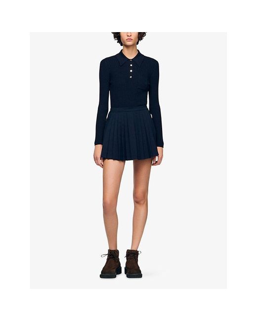 Sandro Blue Pleated High-Rise Stretch-Woven Mini Skirt