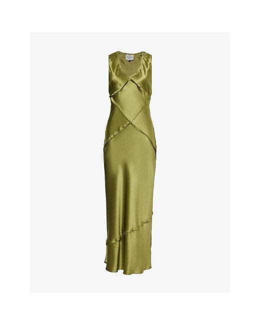 Reformation Green X Camille Rowe Taylor V-neck Silk Maxi Dress
