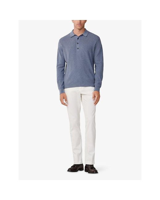 Hackett Blue Textured Long-Sleeve Wool-Blend Polo for men