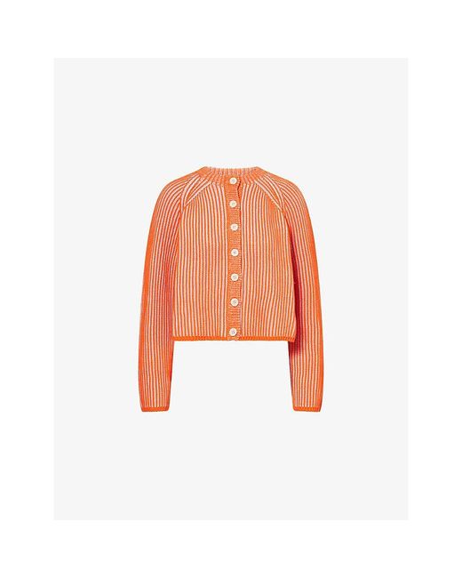ME+EM Orange Contrast-Rib Striped Cotton Cardigan