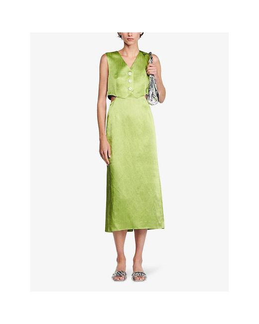 Sandro Green Button-down Two-in-one Woven Midi Dress