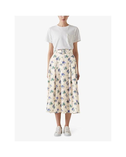 L.K.Bennett White Elodie Floral-print Belted-waist Cotton Midi Skirt