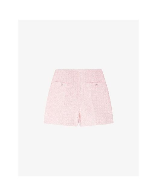 Sandro Pink High-Rise Sequin-Embellished Tweed Shorts