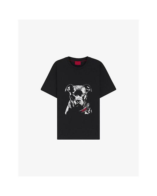 HUGO Black Dog-Print Short-Sleeved Cotton-Jersey T-Shirt for men