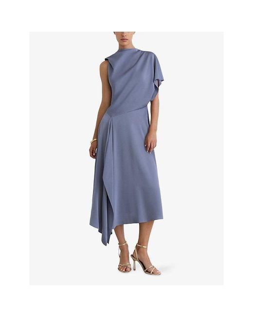 Reiss Blue Naomi Draped One-Shoulder Satin Midi Dress