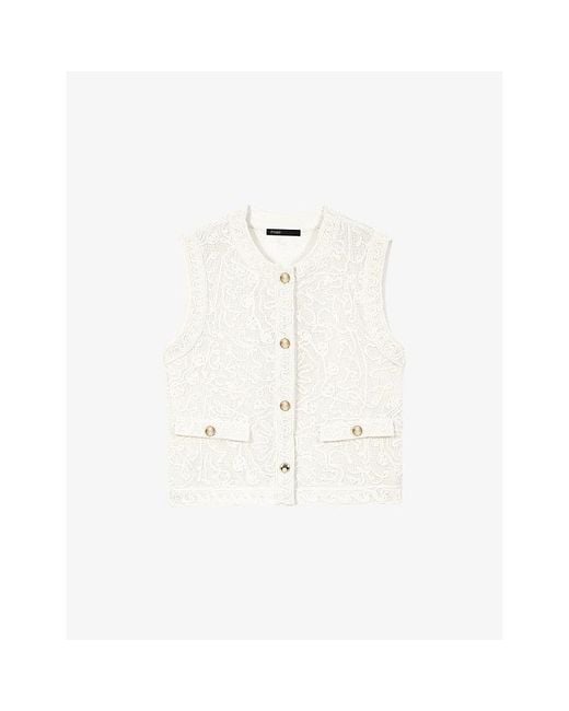 Maje White Sleeveless Floral-Guipure Cotton Jacket